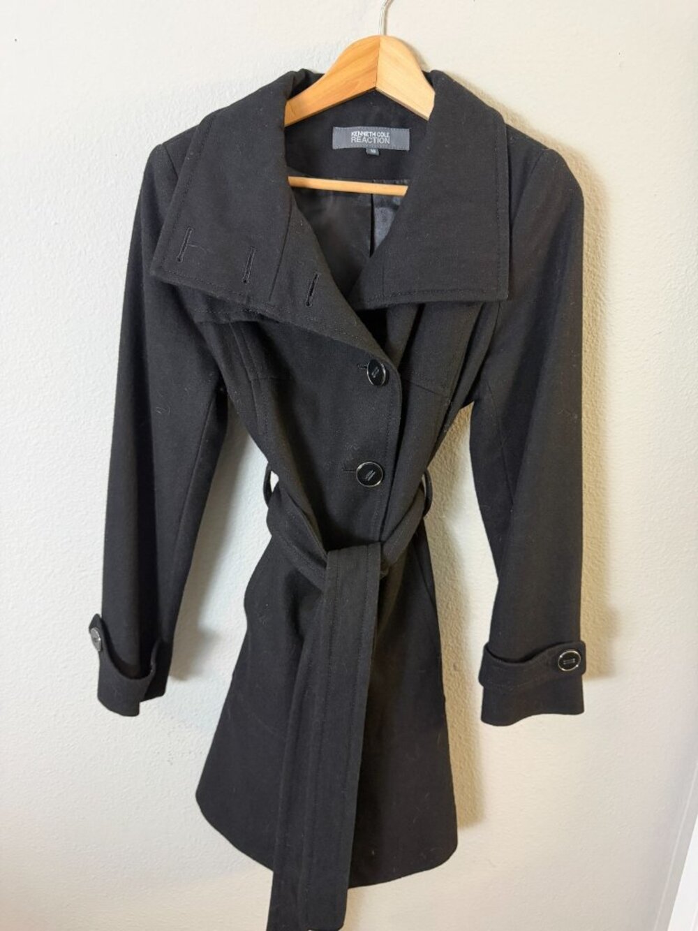 Reaction Kenneth Cole Trench Coat Womens 10 Black Wool Blend Overcoat - Picture 2 of 7